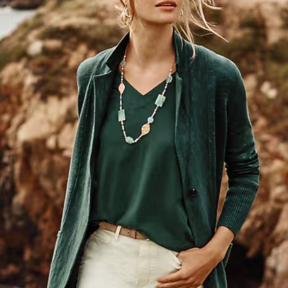 J Jill Textured Sweater Blazer Cardigan 2X Dark Green Minimalist Lagenlook